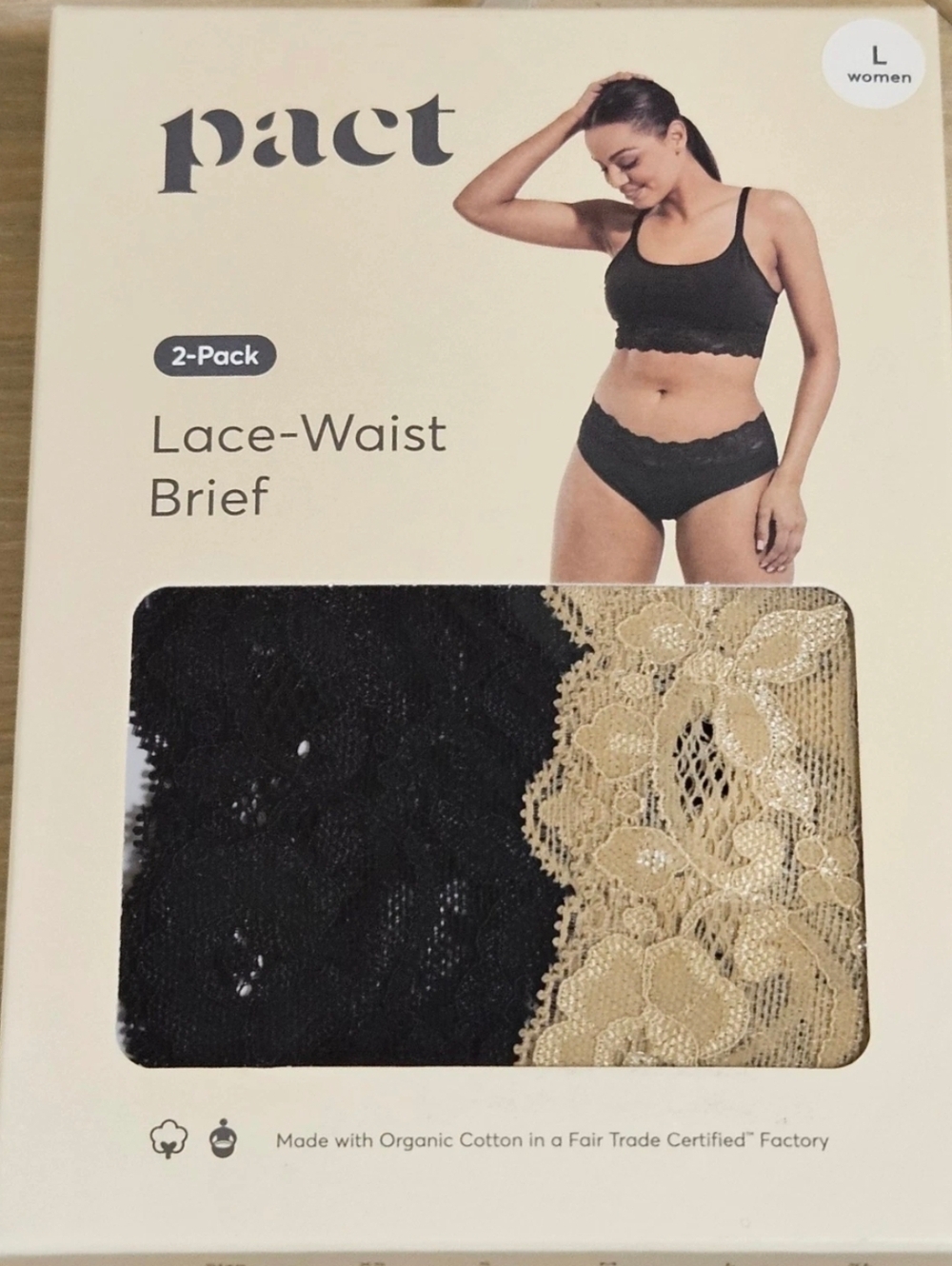 2 Pack Pact Women's Organic Cotton Lace Waist Brief LARGE Black/Pedal Patch NIB